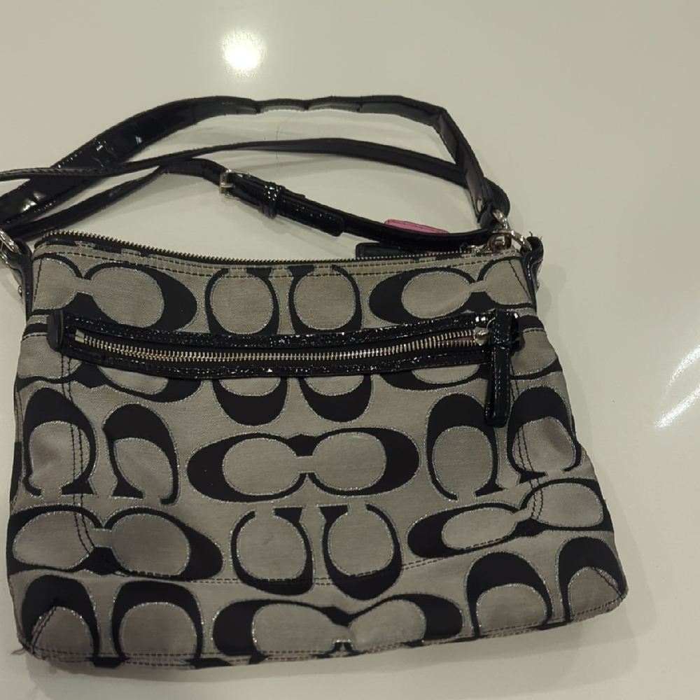 Coach Signature Stripe Swingpack Crossbody Bag Style 22456 Black Silver Purple